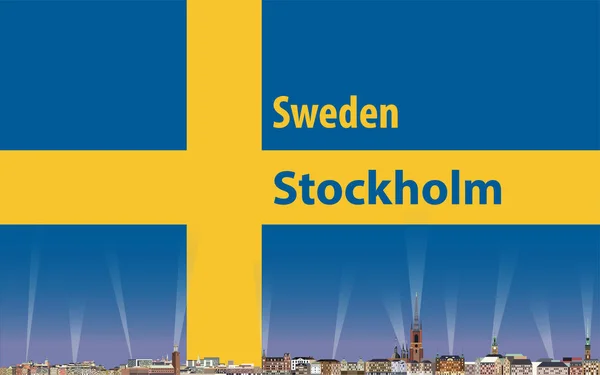 Векторная Иллюстрация Горизонта Стокгольма Флагом Швеции Заднем Плане — стоковый вектор