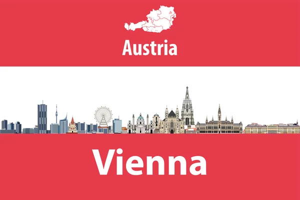 维也纳城市天际的矢量例证以奥地利的旗子和地图在背景上 — 图库矢量图片