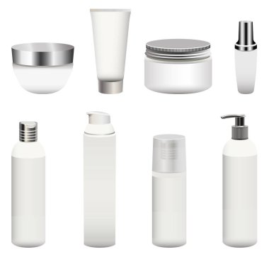 Beyaz arka plan üzerinde izole vektör kümesi boş kozmetik paketleri (şişe, kapsayıcılar, krem kavanoz ve diğer). Gerçekçi mock-up koleksiyonu