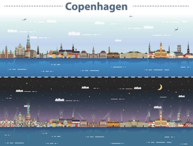 vektör çizim Copenhagen şehir manzarası, gece ve gündüz