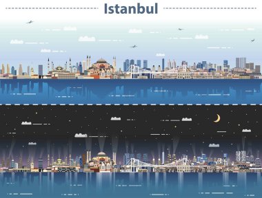vektör çizim Istanbul şehir manzarası, gece ve gündüz