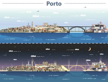 vektör çizim Porto şehir manzarası, gece ve gündüz