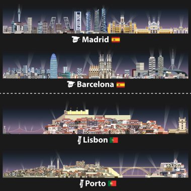 Madrid, Barcelona, Lizbon ve Porto şehir silueti vektör Illustration parlak ışıkları ile gece. Haritalar ve İspanya ve Portekiz bayrakları