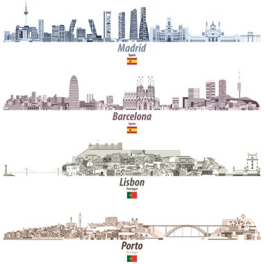 Madrid, Barcelona, Lizbon ve Porto soyut şehirler silüetini brightful renk paletindeki vektör çizim