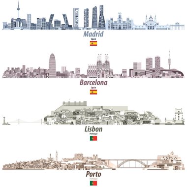 vector illustration of Madrid, Barcelona, Lisbon and Porto abstract cities skylines in brightful color palette clipart