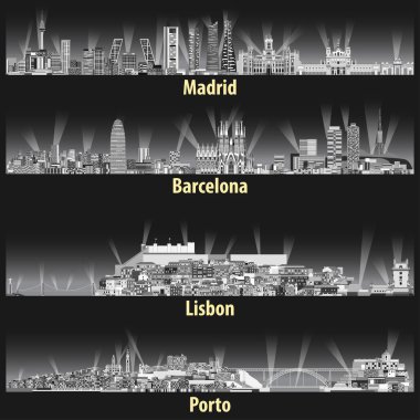 Madrid, Barcelona, Lizbon ve Porto şehir silueti vektör soyut çizim gece gri renk tonları renk paleti