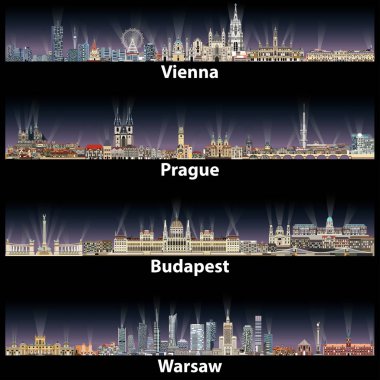 Viyana, Prag, Budapeşte ve Varşova şehir silueti vektör çizim parlak ışıklar aydınlatma ile gece