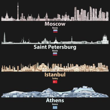 Moskova, St. Petersburg, Istanbul ve Atina şehir silueti soyut illüstrasyon izole siyah arka plan üzerine parlak renk paletleri gece vektör