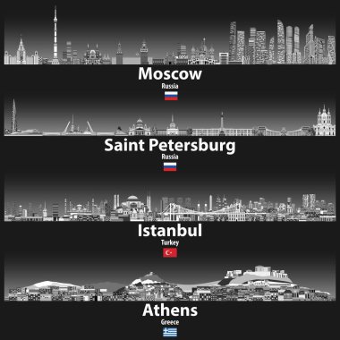 Moskova, St. Petersburg, Istanbul ve Atina silüetini vektör çizim parlak ışıklar aydınlatma ile gri ölçekler renk paletindeki geceleri
