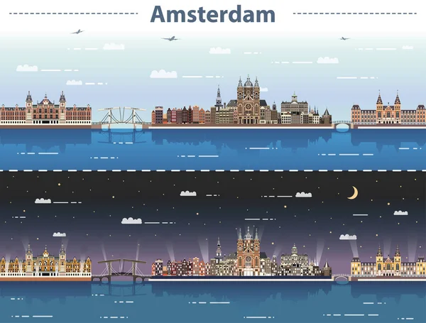 Ilustração Vetorial Paisagem Urbana Amsterdã Dia Noite — Vetor de Stock