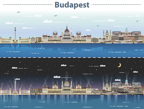 Budapeşte şehir manzarası, gece ve gündüz vektör çizim