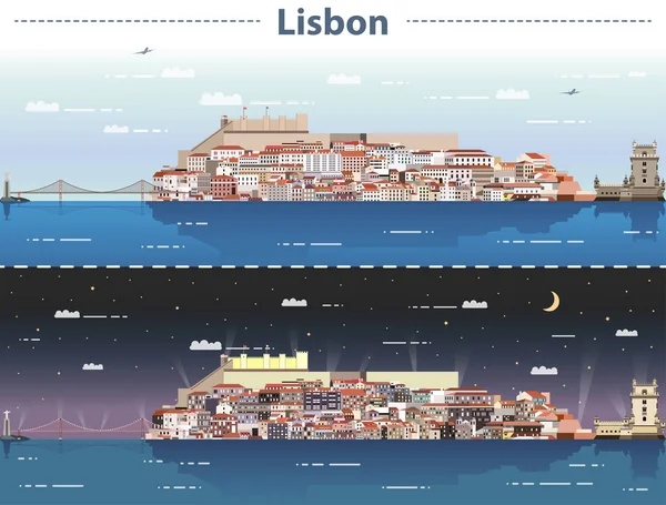 Ilustração Vetorial Horizonte Cidade Lisboa Dia Noite — Vetor de Stock