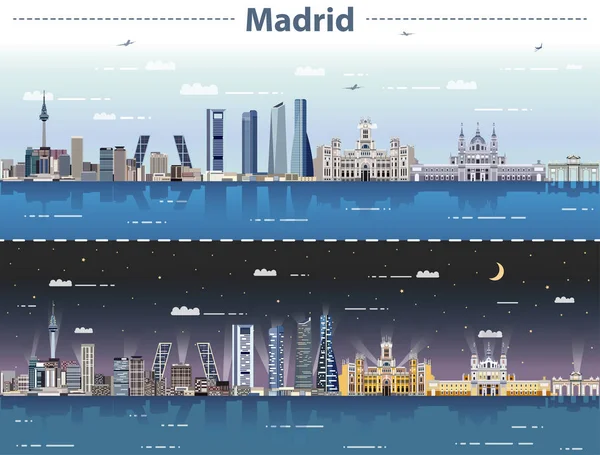 Vektorové Ilustrace Panorama Města Madrid Dne Noci — Stockový vektor