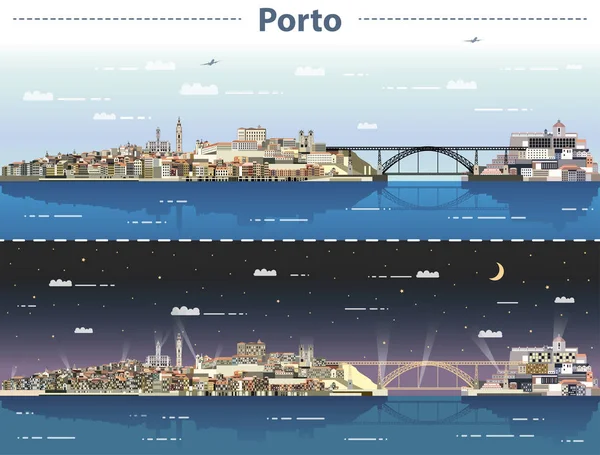 Ilustração Vetorial Horizonte Cidade Porto Dia Noite — Vetor de Stock