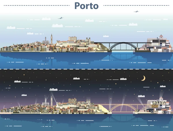 Vektorové Ilustrace Panorama Města Porto Dne Noci — Stockový vektor