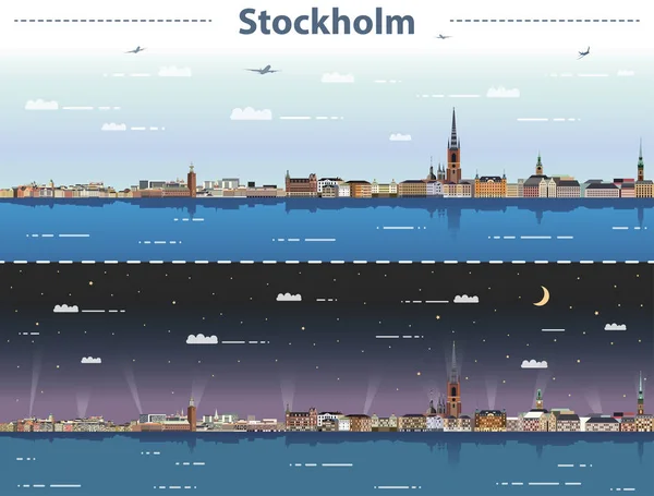 Ilustración Vectorial Del Horizonte Ciudad Estocolmo Día Noche — Vector de stock