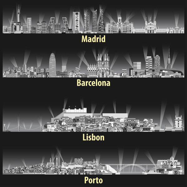 vector abstract illustration of Madrid, Barcelona, Lisbon and Porto cities skylines at night in grey tints color palette