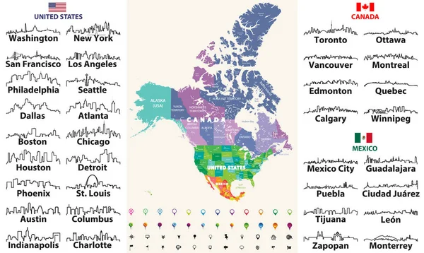 Canadá Estados Unidos México Mapa Detallado Con Nombres Estados Fronteras — Vector de stock