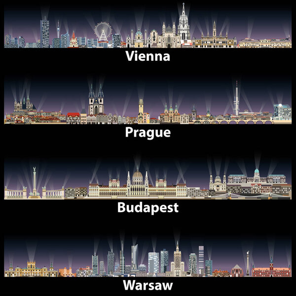 vector illustration of Vienna, Prague, Budapest and Warsaw cities skylines at night with bright lights illumination