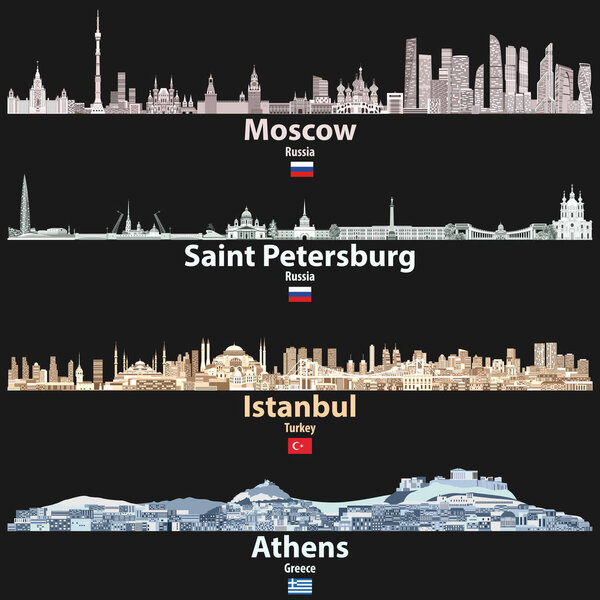 vector abstract illustration of Moscow, Saint Petersburg, Istanbul and Athens cities skylines at night in bright color palettes isolated on black background