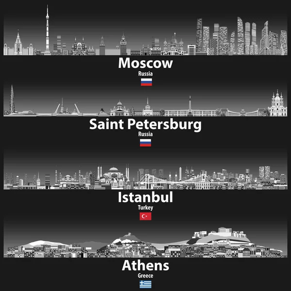 Moskova, St. Petersburg, Istanbul ve Atina silüetini vektör çizim parlak ışıklar aydınlatma ile gri ölçekler renk paletindeki geceleri