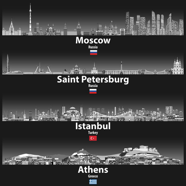 vector illustration of Moscow, Saint Petersburg, Istanbul and Athens skylines at night in grey scales color palette with bright lights illumination