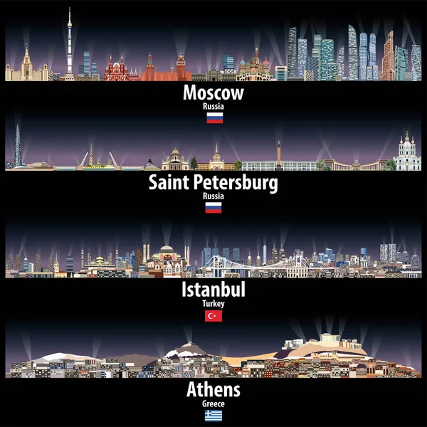 Illustrazione Vettoriale Mosca San Pietroburgo Istanbul Atene Skylines Notte Con — Vettoriale Stock