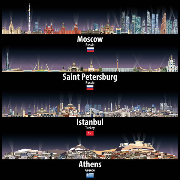 vector illustration of Moscow, Saint Petersburg, Istanbul and Athens skylines at night with bright city lights