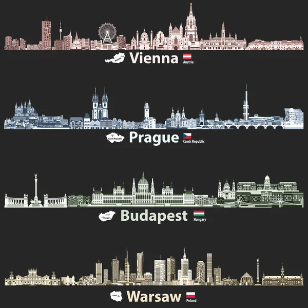 矢量抽象例证维也纳 布拉格 布达佩斯和华沙城市天际线在夜间在黑色背景查出明亮的调色板 — 图库矢量图片