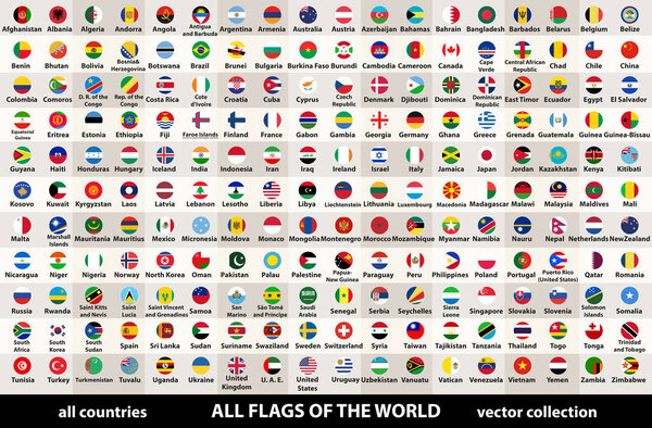 векторная коллекция всех флагов мира в круговом дизайне, расположенная в алфавитном порядке, с оригинальными цветами и высокими детальными эмблемами
