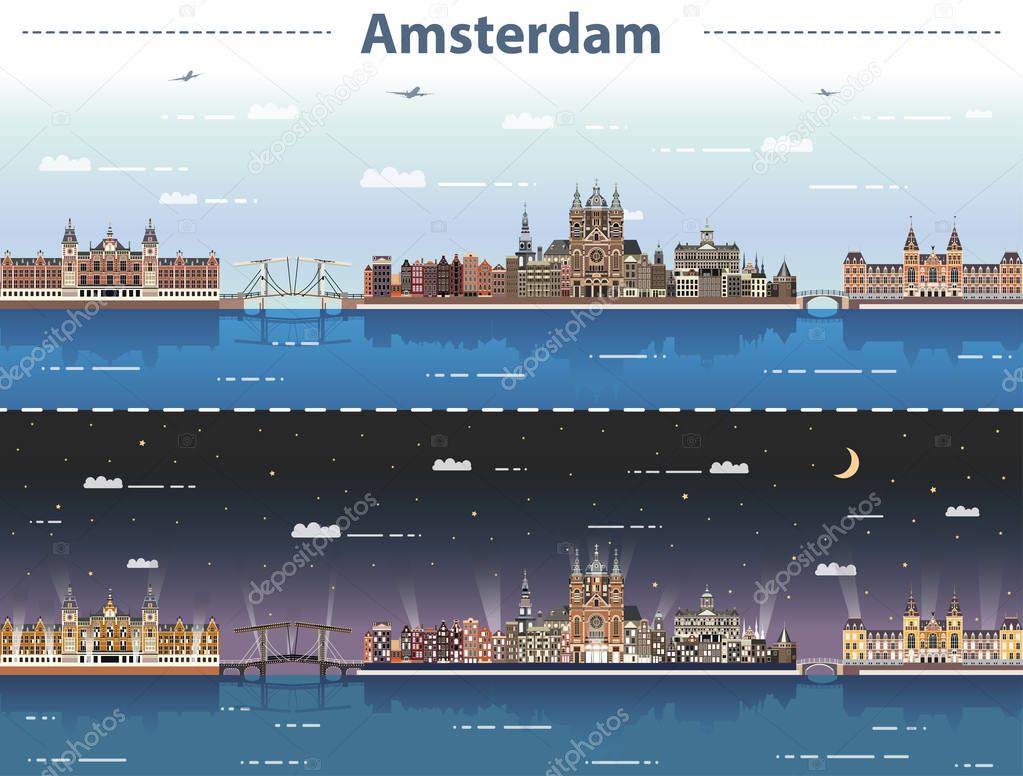 vector illustration of Amsterdam cityscape at day and night