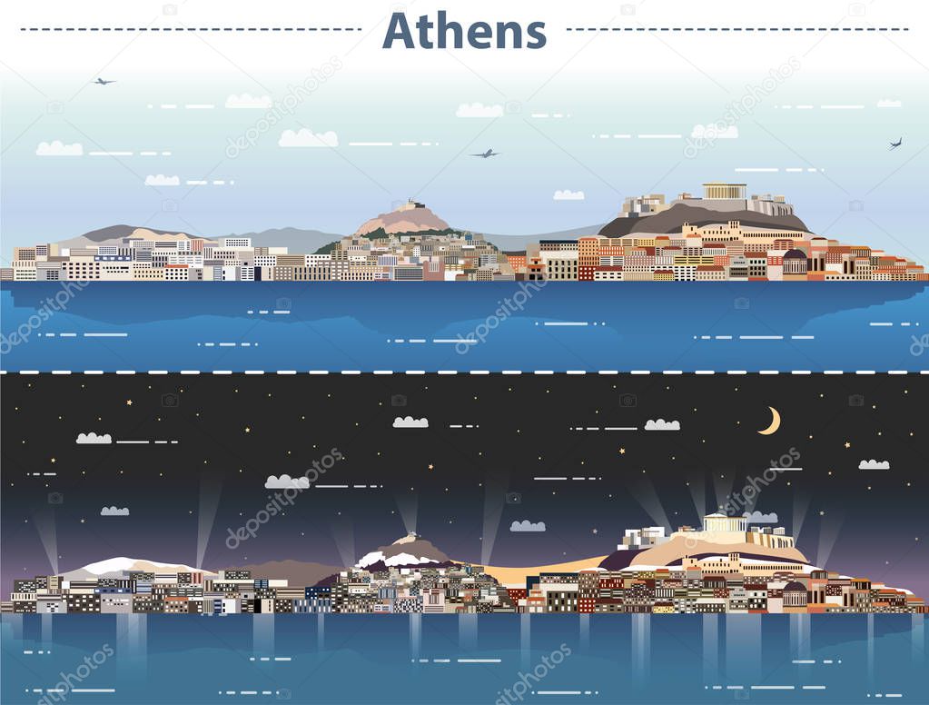 vector illustration of Athens city skyline at day and night