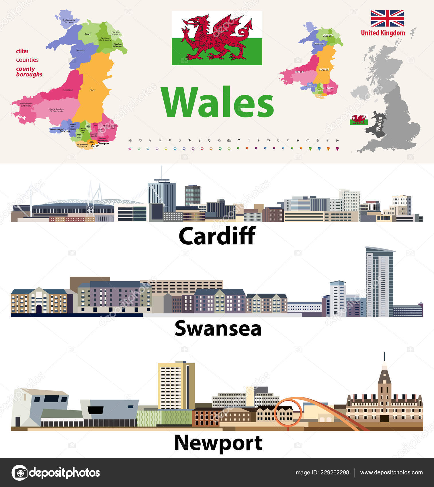 Cities In Wales Map Wales Cities Countries Country Boroughs Map Welsh Largest Cities Skylines  Stock Vector Image By ©Jktu_21 #229262298