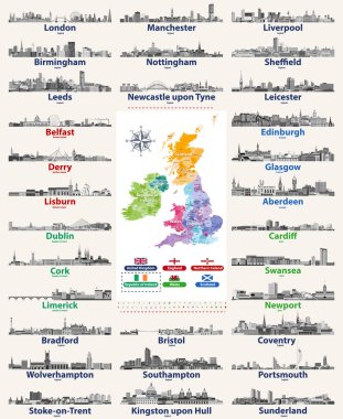 vector set of British Isles countries cities skylines icons in black and white color palette. Flags and high detailed vector map of British countries. clipart