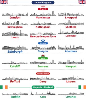 Cities skylines of British Isles countries: United Kingdom (England, Wales, Scotland, Northern Ireland) and Republic of Ireland. All elements separated in editable and detachable layers. Vector  clipart