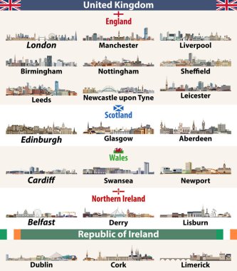 vector set of largest cities skylines icons of British Isles countries: United Kingdom (England, Wales, Scotland, Northern Ireland) and Republic of Ireland clipart