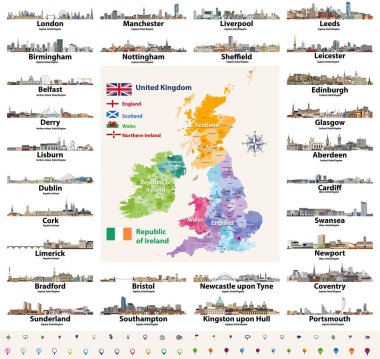 Britanya Adaları ülkeler şehirler silüetini soyut simgeler vektör kümesi. Harita ve Britanya Adaları bayrakları: Birleşik Krallık (İngiltere, Galler, İskoçya, Kuzey İrlanda) ve İrlanda