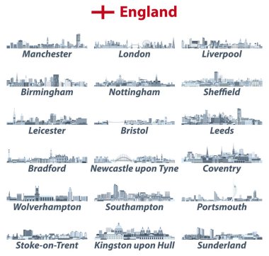 England largest cities vector skylines illustrations in tints of blue color palette. All elements separated in editable and detachable layers. Vector illustration clipart