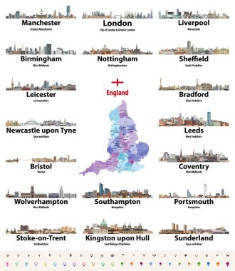 England largest cities skylines icons vector set. Map and flag of England. clipart