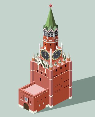 vektör 3d izometrik simgesiyle işçinin Moskova Kremlin kule düz stil renkli arka plan ve gölge