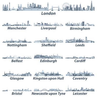 İngiltere en büyük şehirler silüetini mavi renk paletini renk tonlarını vektör çizim