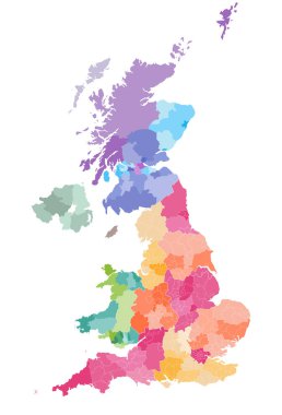 vector map of United Kingdom administrative divisions colored by countries and regions. Districts and counties map of England, Wales, Scotland and Northern Ireland