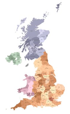 İngiltere idari bölgeleri vektör yüksek detaylı harita renkli bölgeler ve iller tarafından