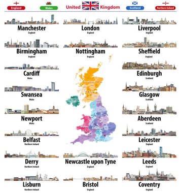 United Kingdom cities skylines icons. High detailed map of United Kingdom with countries and regions borders. All layers editable and labelled. Vector illustration clipart