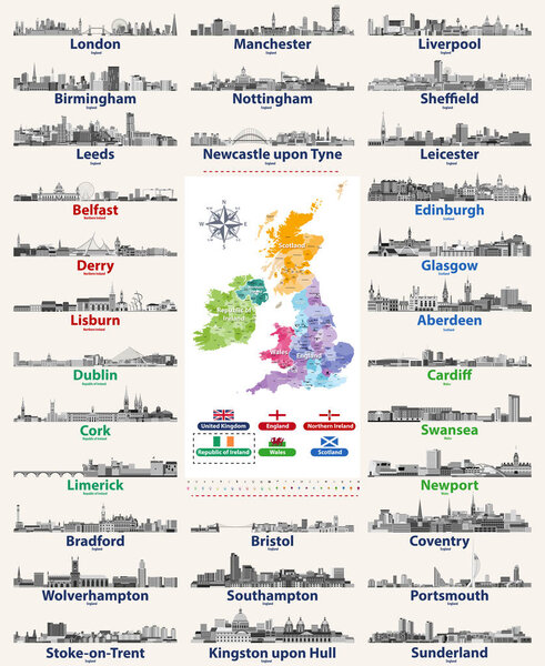 vector set of British Isles countries cities skylines icons in black and white color palette. Flags and high detailed vector map of British countries.