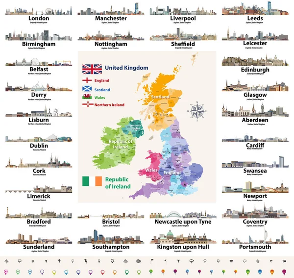 Vector Conjunto Islas Británicas Países Ciudades Skylines Iconos Abstractos Mapa — Vector de stock