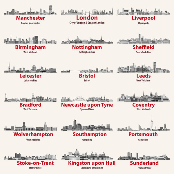 England cities isolated skylines. Vector illustration