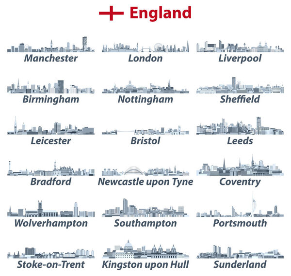 England largest cities vector skylines illustrations in tints of blue color palette. All elements separated in editable and detachable layers. Vector illustration