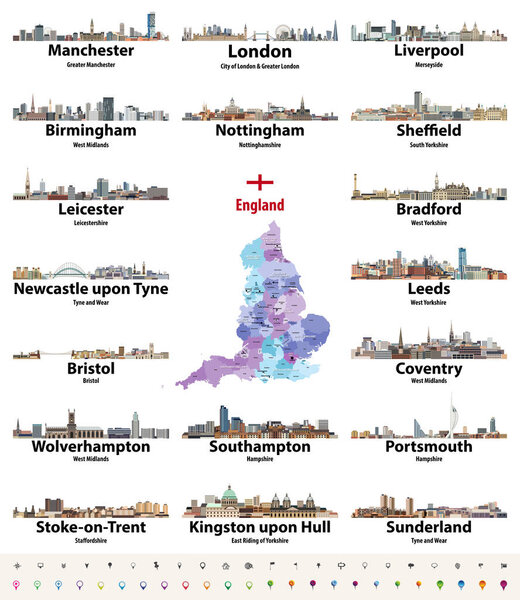 England largest cities skylines icons vector set. Map and flag of England.