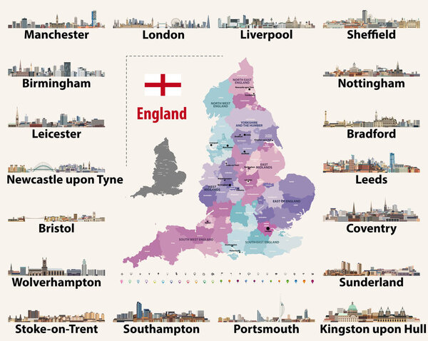 vector set of England largest cities skylines. Map and flag of England.